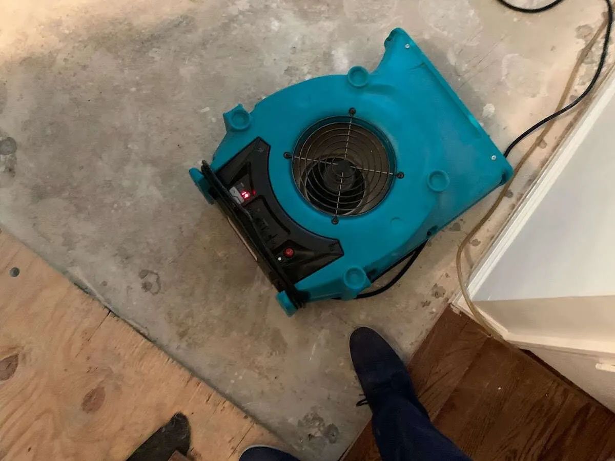 Air mover drying subfloor during Commercial Water Damage Restoration in Clay